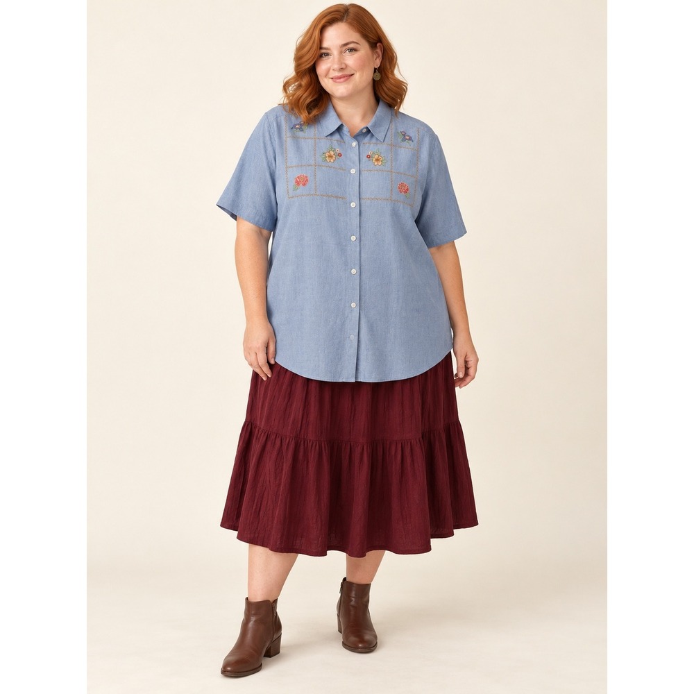 Grandmacore Boho Y2K Blue Chambray Heart Floral Embroidered Button Down 18W Top